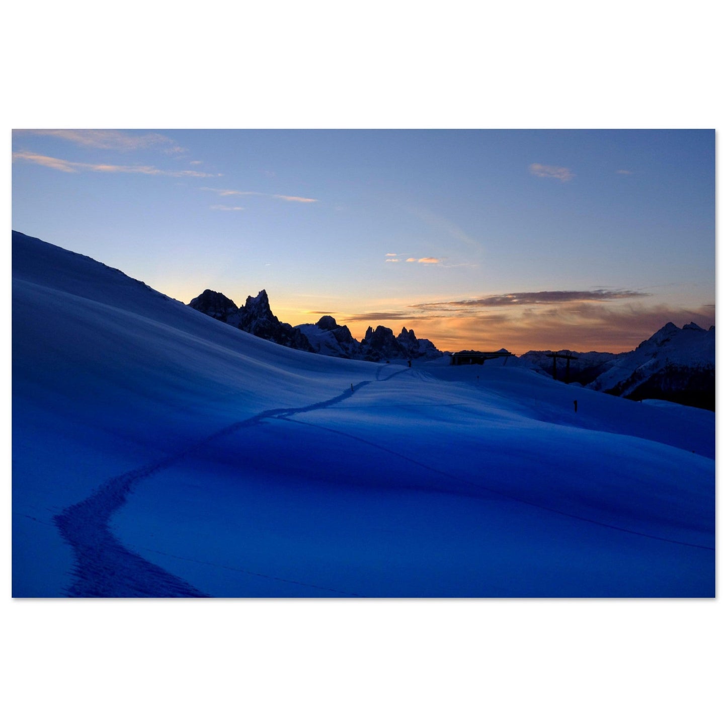 Vente Photo coucher de soleil sur le domaine skiable Alpe Lusia, Moena, Italie - Tableau photo alu montagne