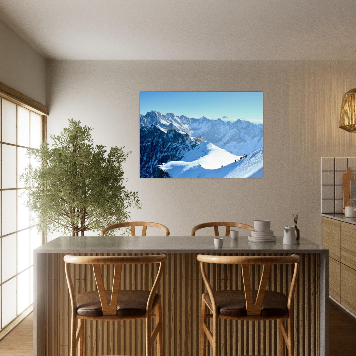 Tableau photo Photo d'alpinistes sur la crête de l'Aiguille du midi, Chamonix Mont - Blanc — tirage aluminium Dibond mat, fabrication française, prêt à accrocher