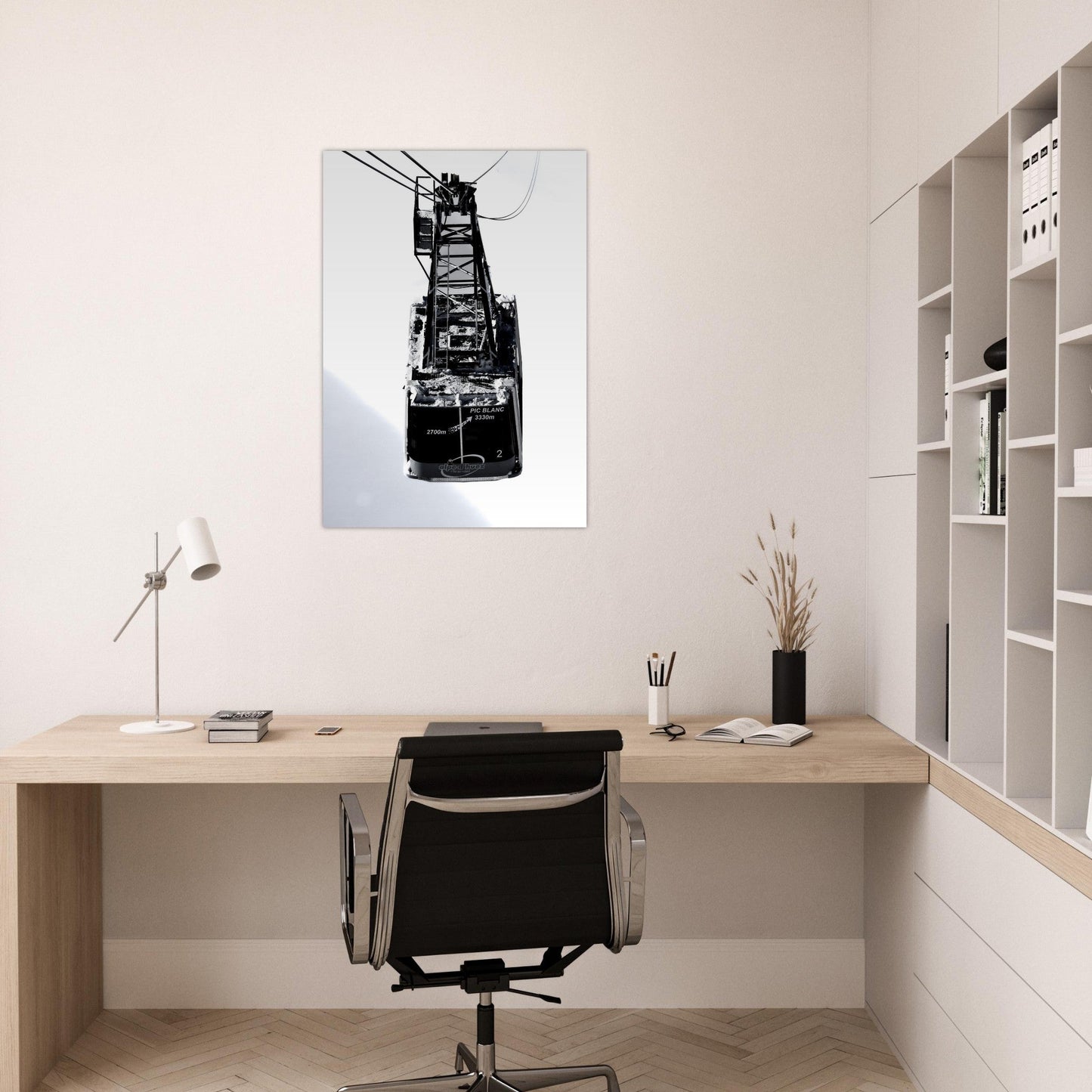 Tableau photo Photo de la télécabine du Pic Blanc, Alpe d'Huez - Noir & Blanc — tirage aluminium Dibond mat, fabrication française, prêt à accrocher