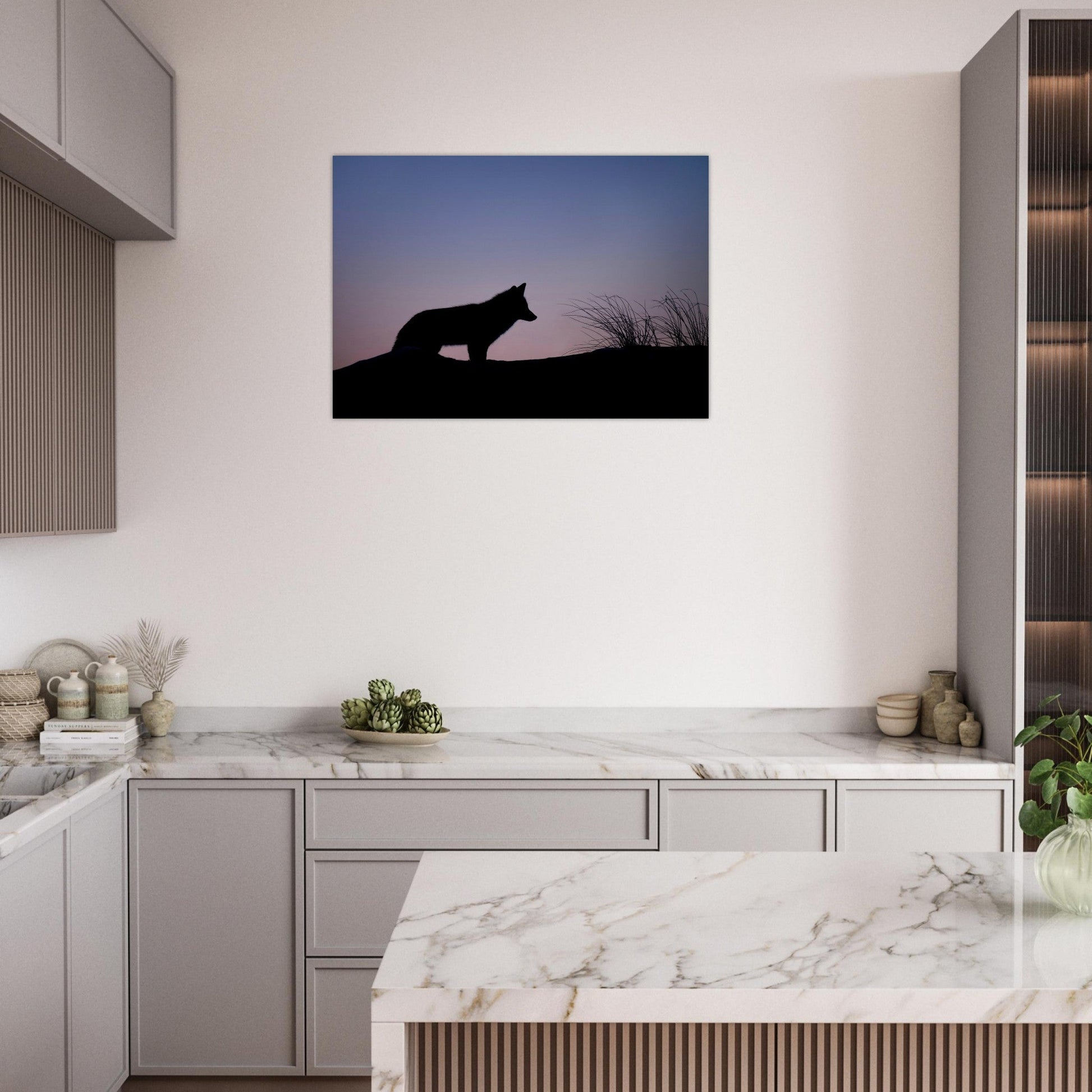 Vente Photo de l'ombre d'un renard au crépuscule - Tableau photo alu montagne