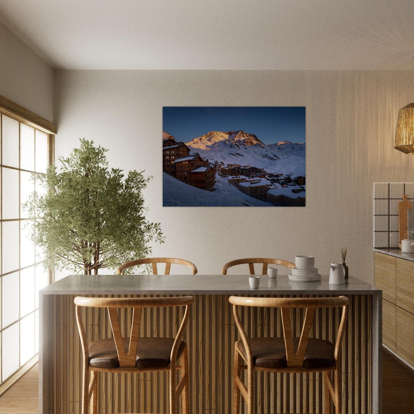 Tableau photo Photo de Val Thorens et de l'Aiguille Peclet au coucher de soleil, Savoie — tirage aluminium Dibond mat, fabrication française, prêt à accrocher