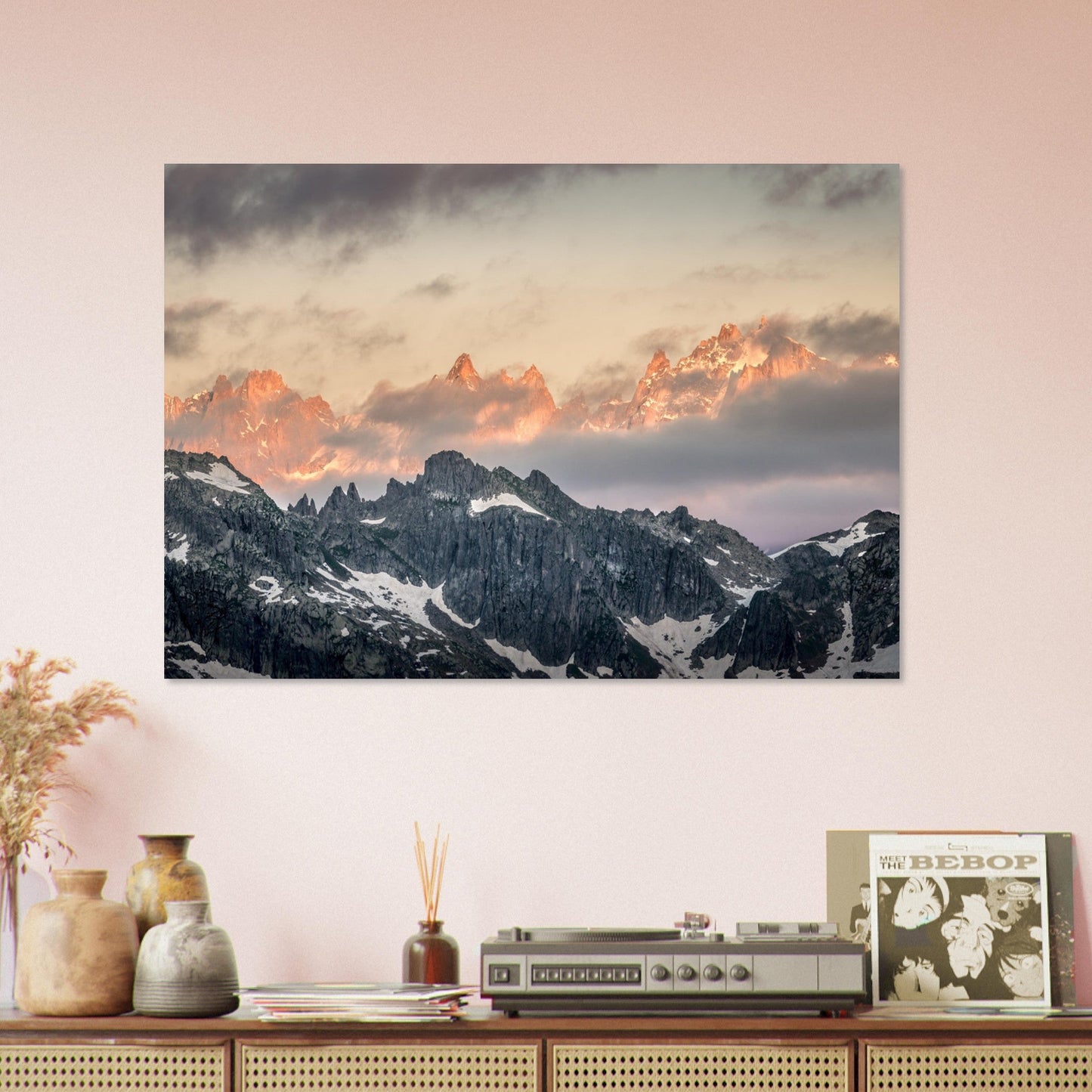 Vente Photo des aiguilles du Mont-Blanc au coucher de soleil - Tableau photo alu montagne