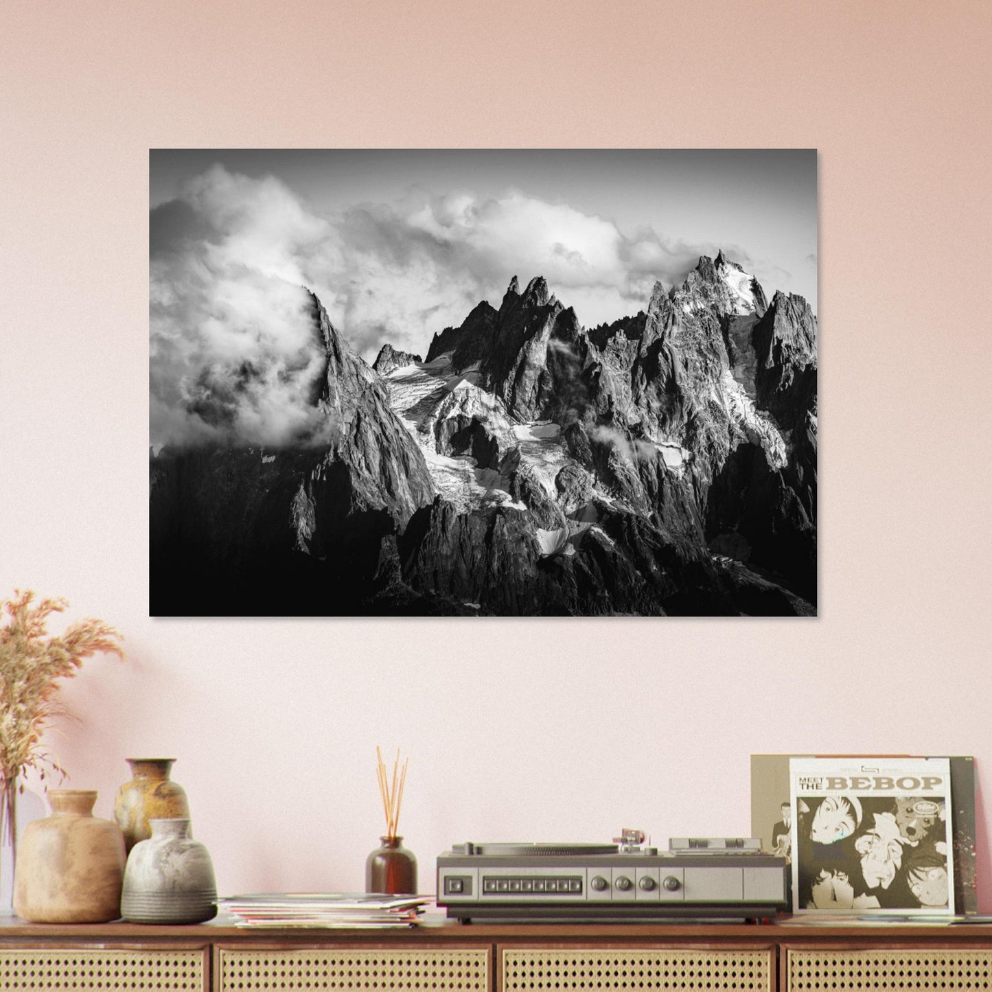 Tableau photo Photo des Aiguilles du Mont - Blanc - Noir & Blanc — tirage aluminium Dibond mat, fabrication française, prêt à accrocher