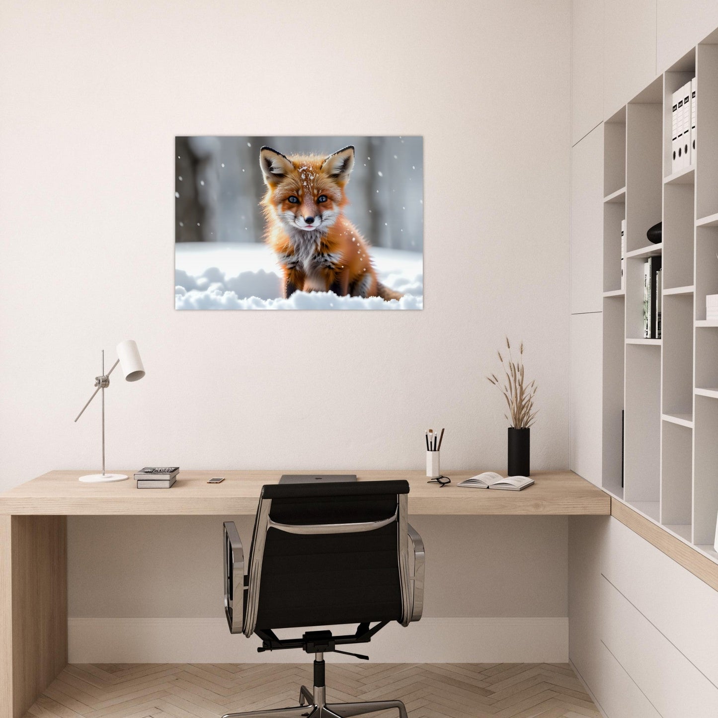 Tableau photo Photo d'un bébé renard dans la neige — tirage aluminium Dibond mat, fabrication française, prêt à accrocher