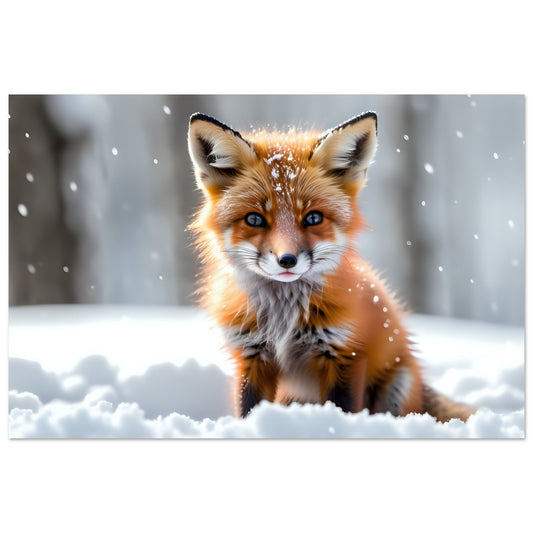Vente Photo d'un bébé renard dans la neige – Tableau photo alu montagne Hiver, Neige, Photos générées par intelligence artificielle