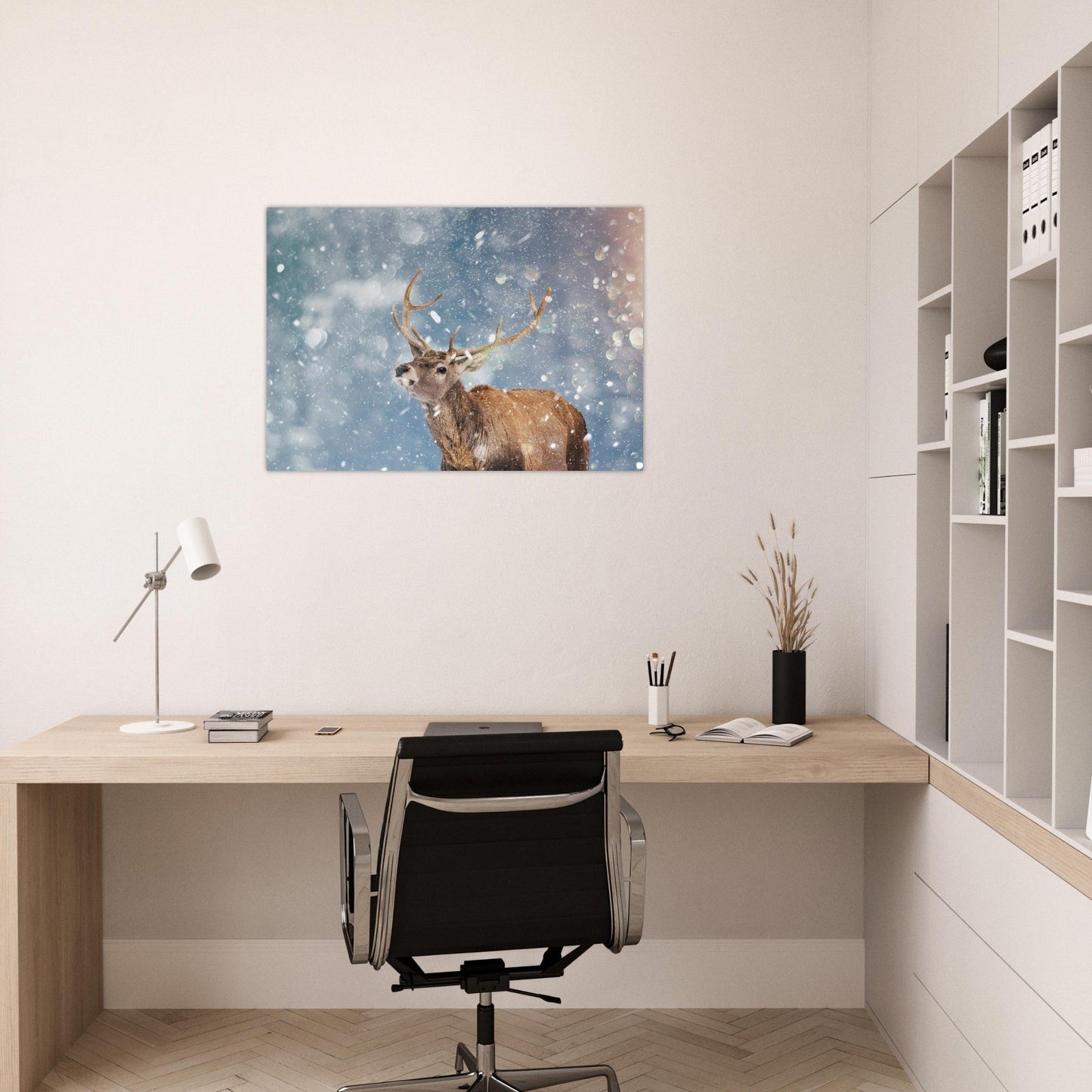 Tableau photo Photo d'un cerf sous la neige — tirage aluminium Dibond mat, fabrication française, prêt à accrocher