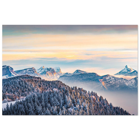 Vente Photo d'un coucher de soleil sur la Chartreuse enneigée – Tableau photo alu montagne Alpes, Coucher de soleil, Hiver