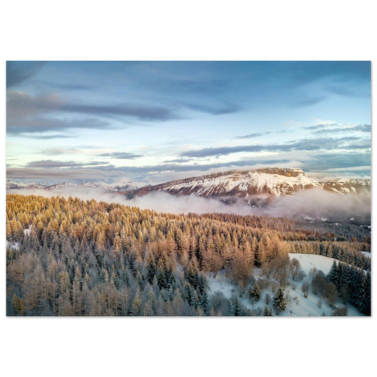 Vente Photo d'un coucher de soleil sur le Margériaz en hiver, Féclaz, Savoie - Tableau photo alu montagne