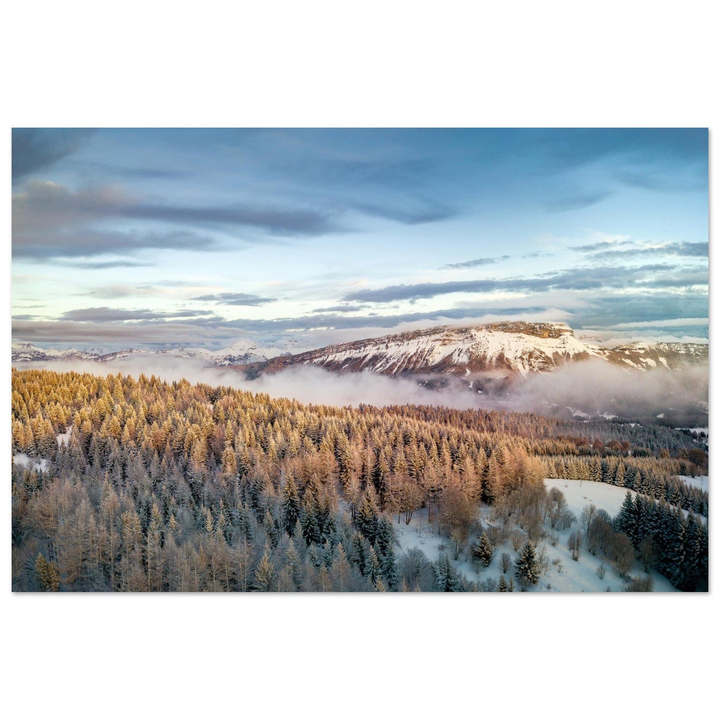 Vente Photo d'un coucher de soleil sur le Margériaz en hiver, Féclaz, Savoie - Tableau photo alu montagne