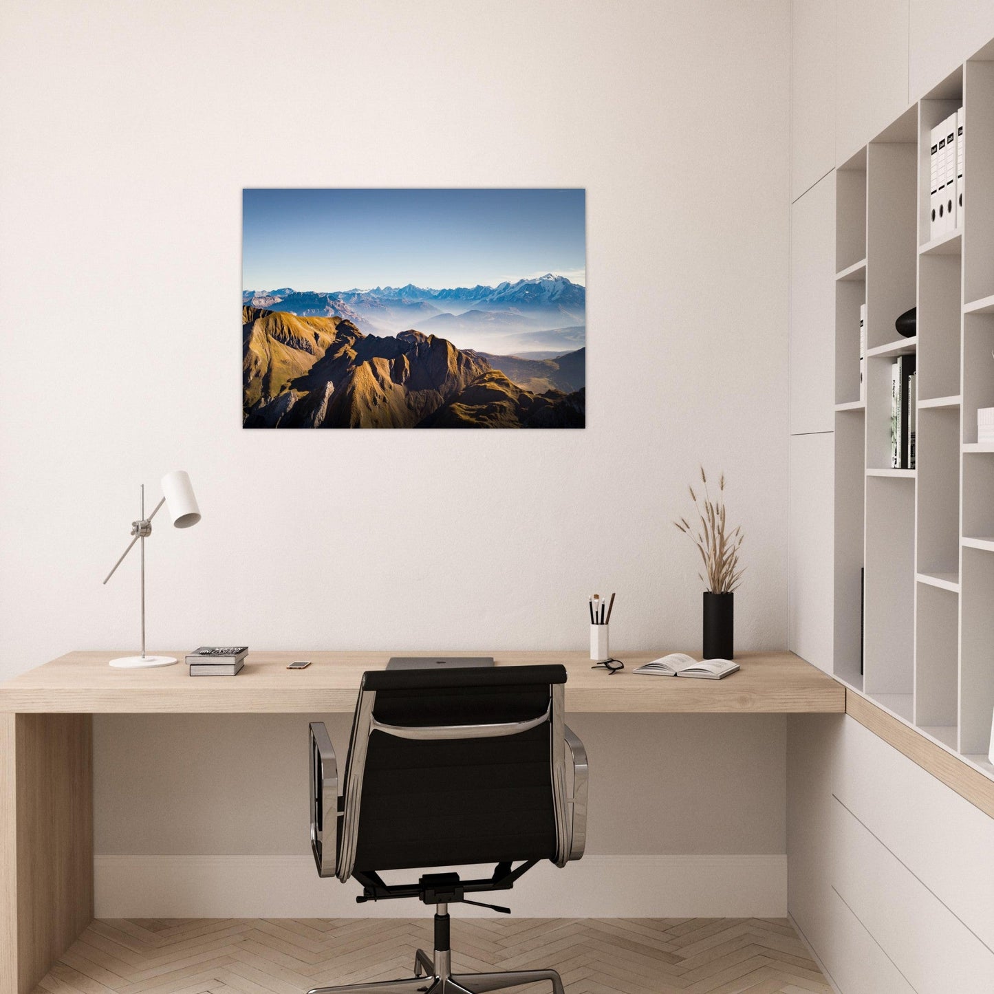 Tableau photo Photo d'un coucher de soleil sur le massif des Aravis et le Mont - Blanc — tirage aluminium Dibond mat, fabrication française, prêt à accrocher