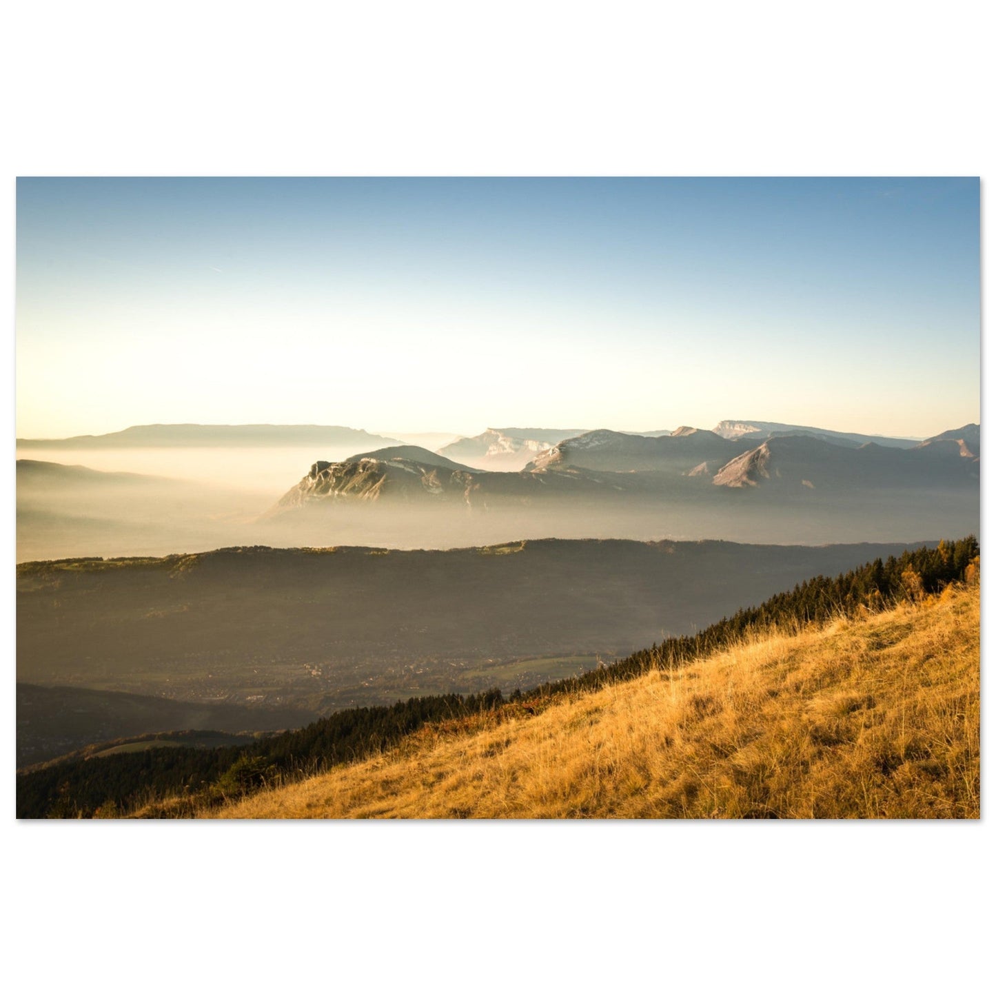 Vente Photo d'un coucher de soleil sur le massif des Bauges, Savoie - Tableau photo alu montagne