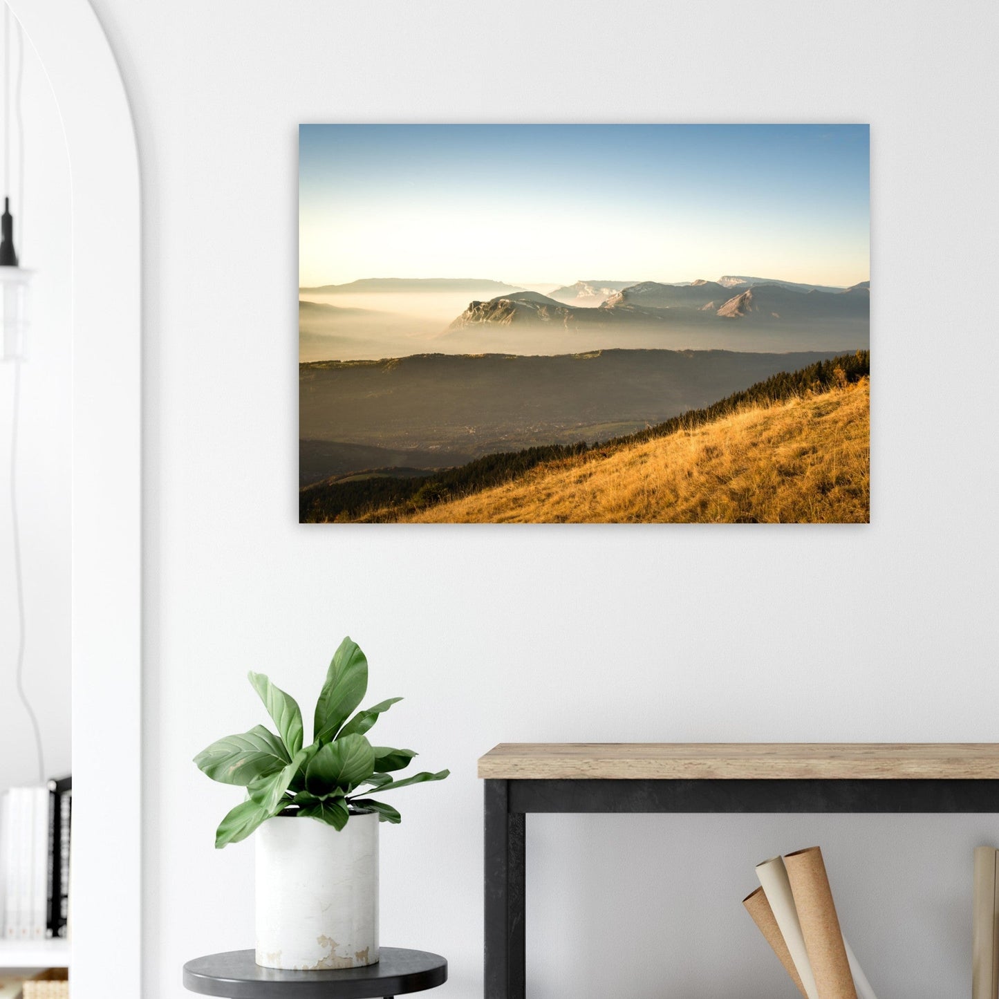 Tableau photo Photo d'un coucher de soleil sur le massif des Bauges, Savoie — tirage aluminium Dibond mat, fabrication française, prêt à accrocher