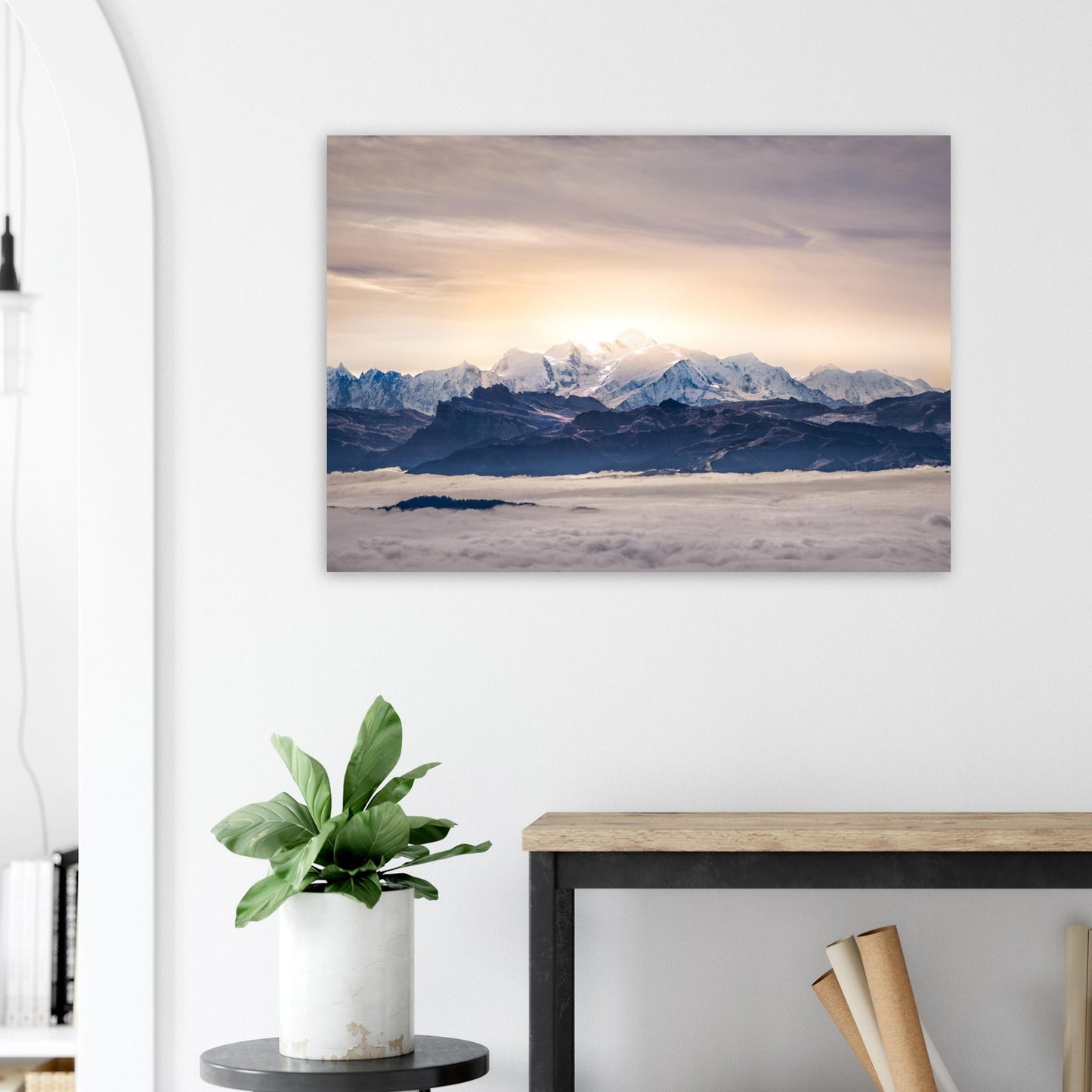 Tableau photo Photo d'un coucher de soleil sur le Mont - blanc et sa mer de nuages — tirage aluminium Dibond mat, fabrication française, prêt à accrocher