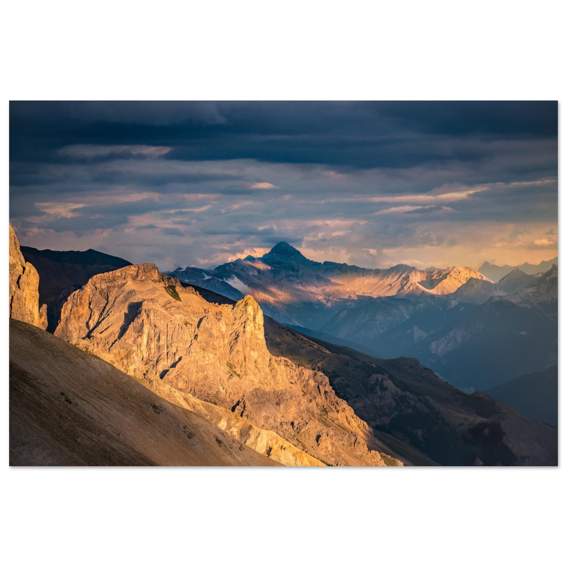Vente Photo d'un coucher de soleil sur le Pic de Rochebrune, Massif du Queyras - Tableau photo alu montagne