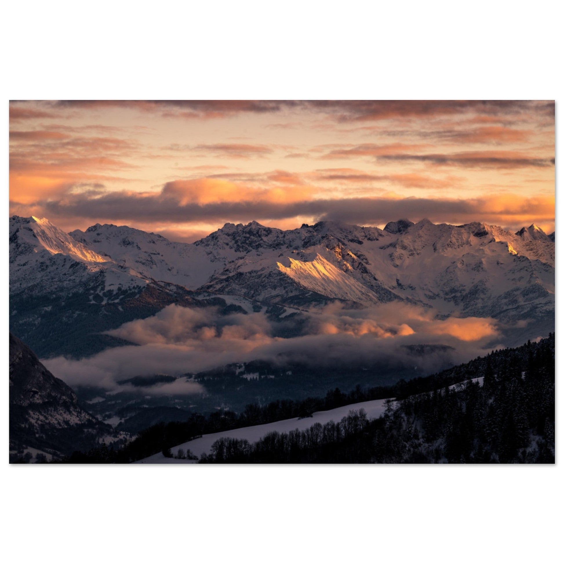 Vente Photo d'un coucher de soleil sur les sommets du Massif de Belledonnes - Tableau photo alu montagne