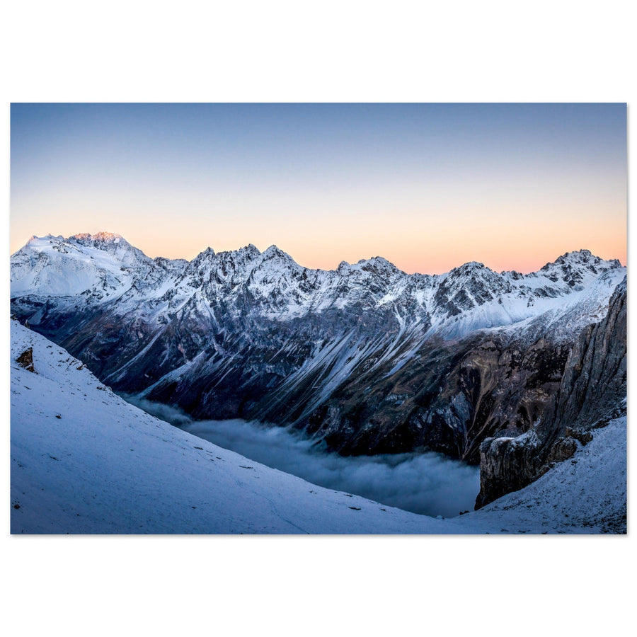Tableau photo sur aluminium Dibond : Un lever de soleil sur le glacier de Gébroulaz, Dôme Polset, et Aiguille de Péclet