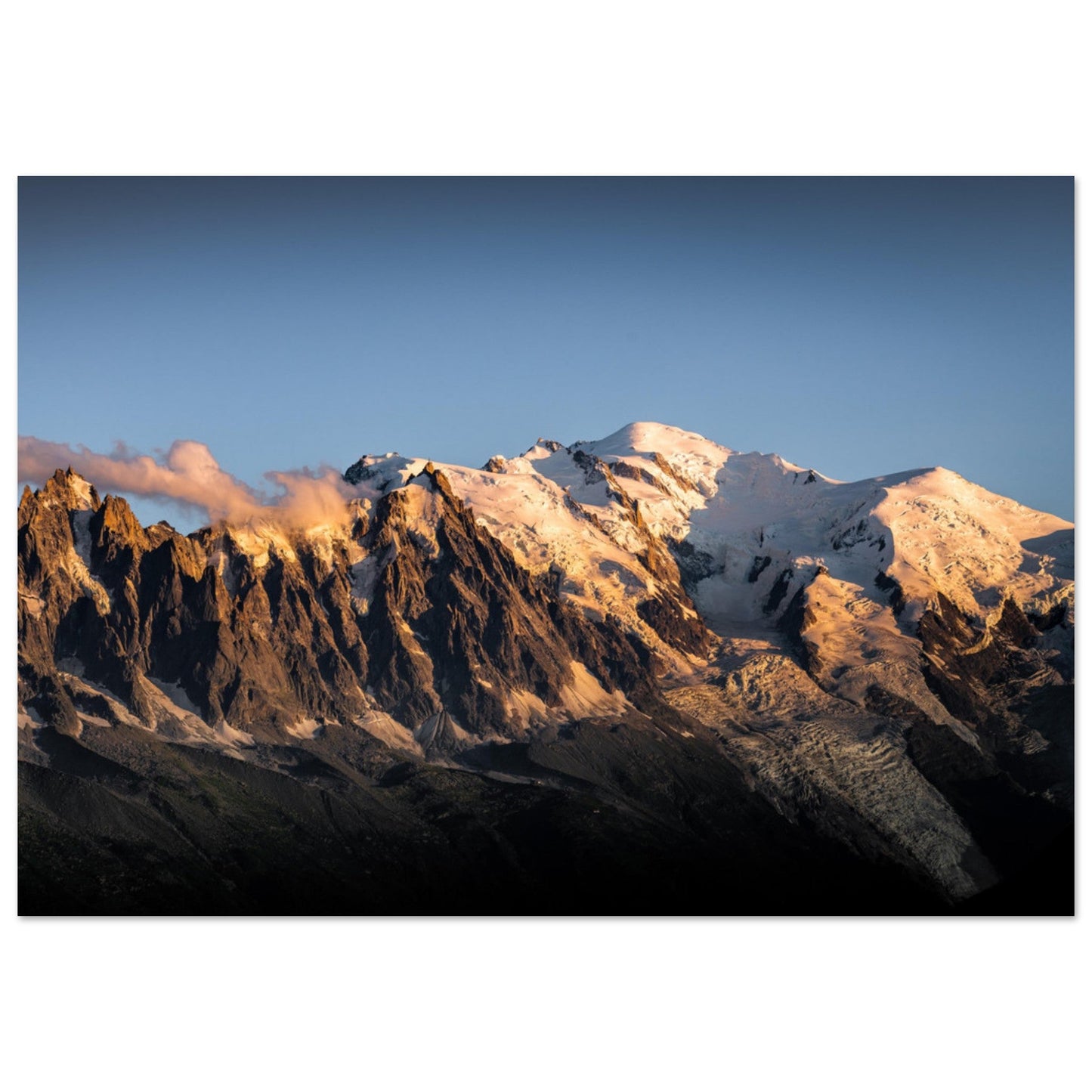 Vente Photo d'un panorama du Mont-Blanc au coucher de soleil - Tableau photo alu montagne