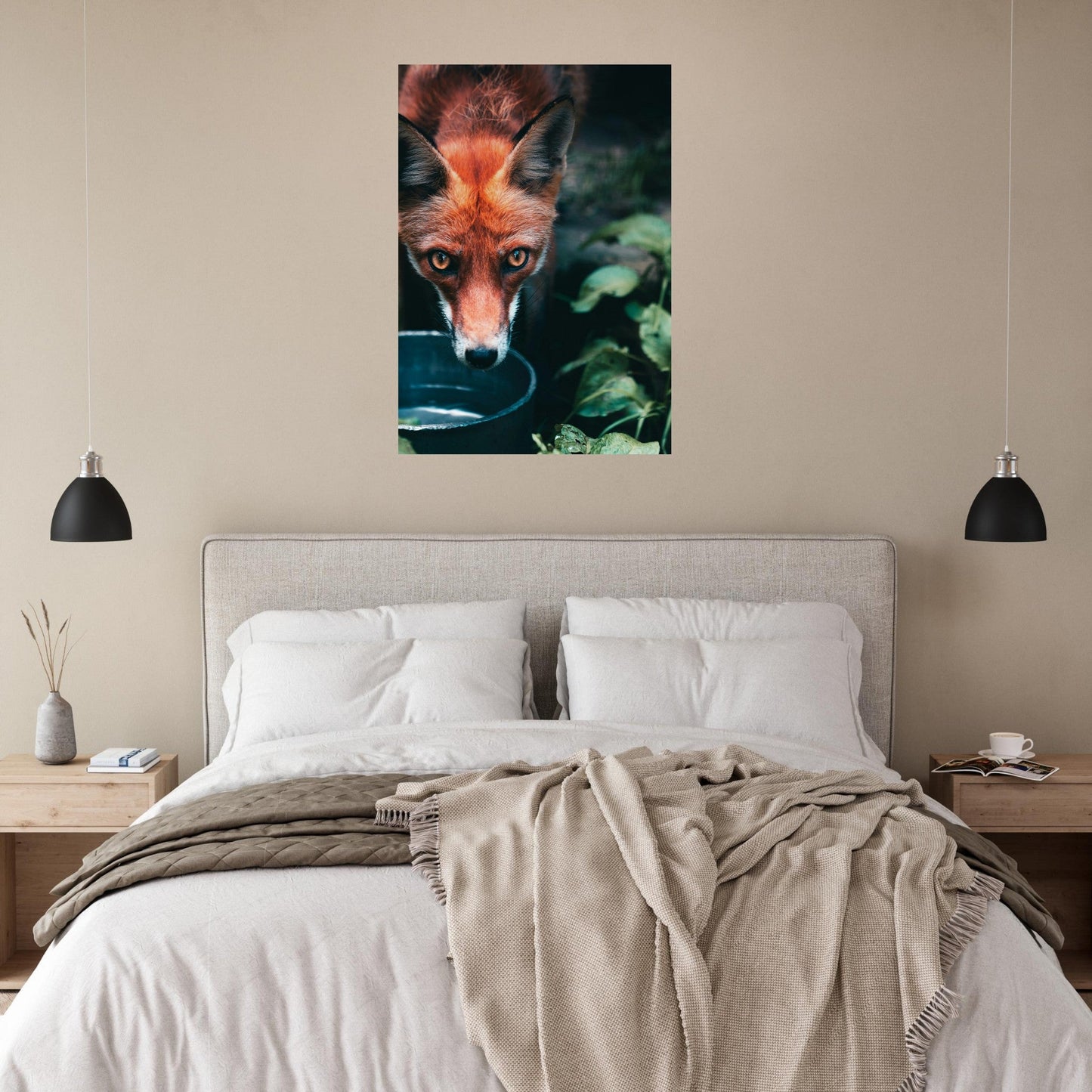 Tableau photo Photo d'un regard profond d'un renard qui boit — tirage aluminium Dibond mat, fabrication française, prêt à accrocher