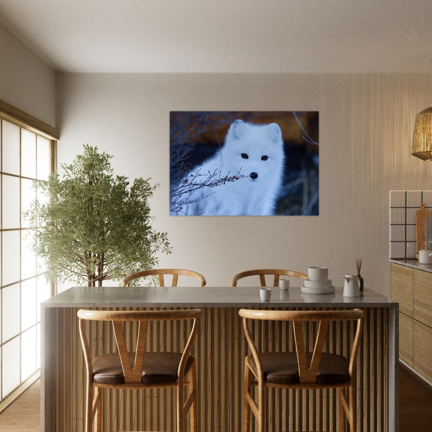 Tableau photo Photo d'un renard blanc 2 — tirage aluminium Dibond mat, fabrication française, prêt à accrocher