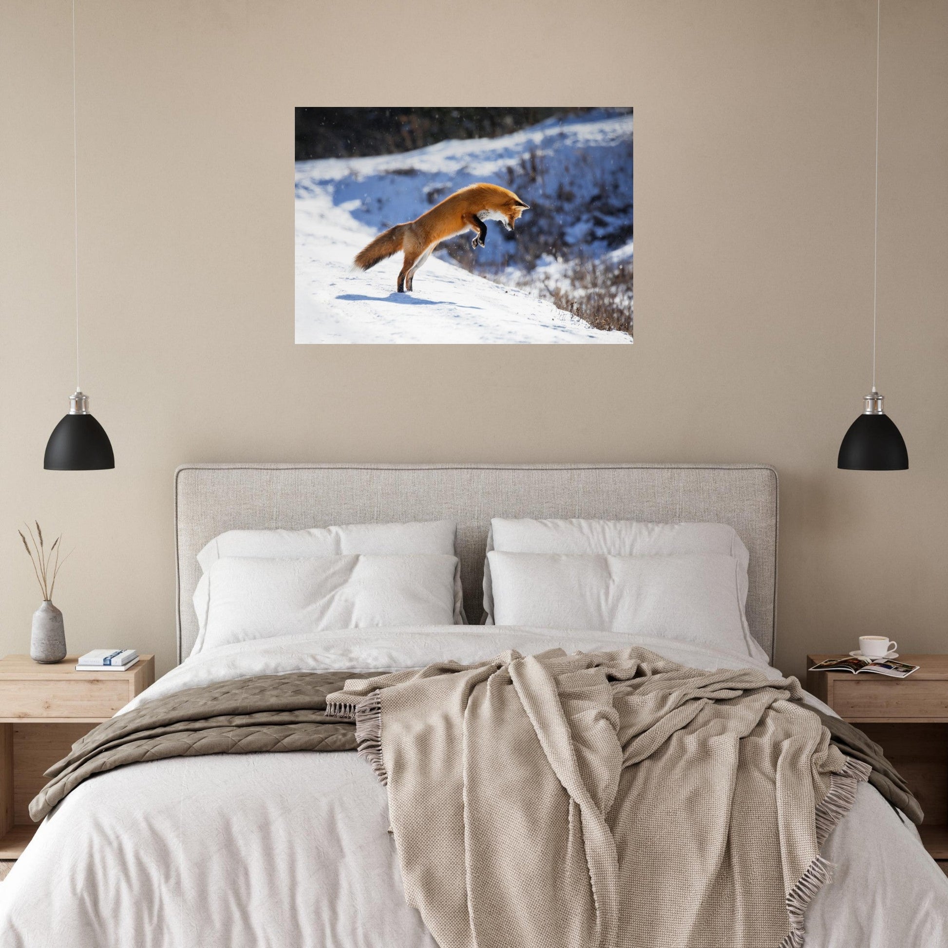 Vente Photo d'un renard qui saute dans la neige - Tableau photo alu montagne