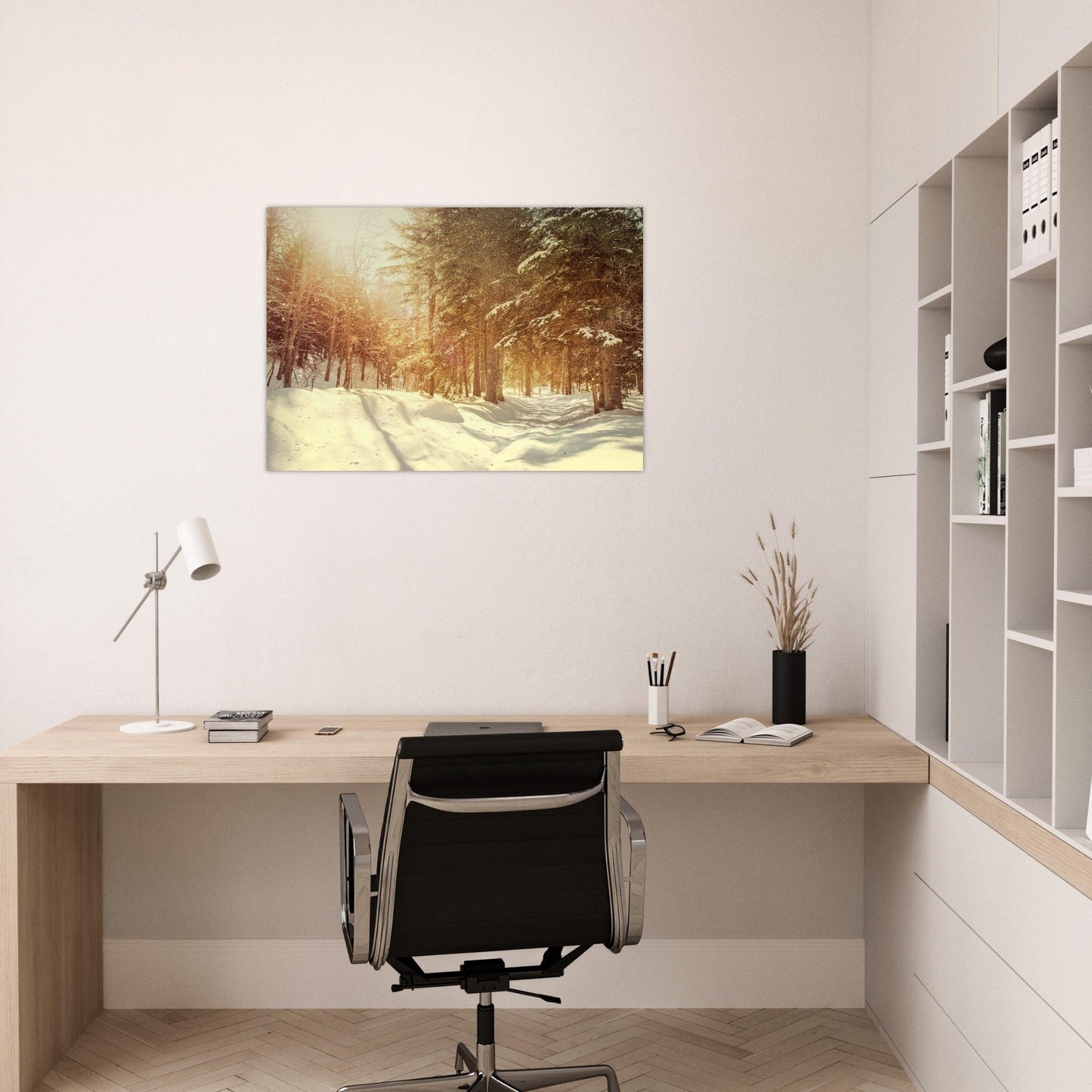 Tableau photo Photo d'une foret enchantée sous la neige — tirage aluminium Dibond mat, fabrication française, prêt à accrocher