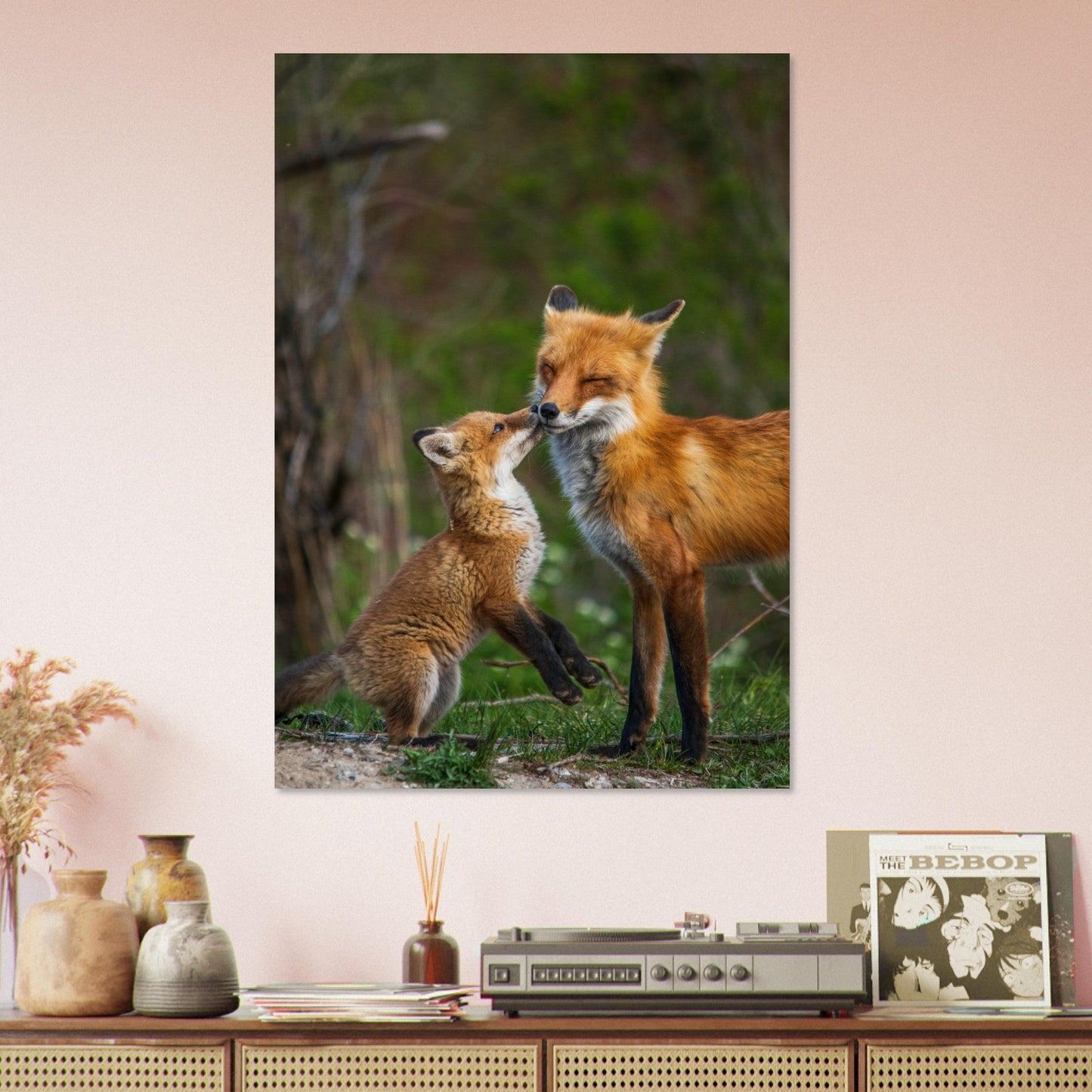Tableau photo Photo d'une maman renard et son renardeau dans la foret — tirage aluminium Dibond mat, fabrication française, prêt à accrocher