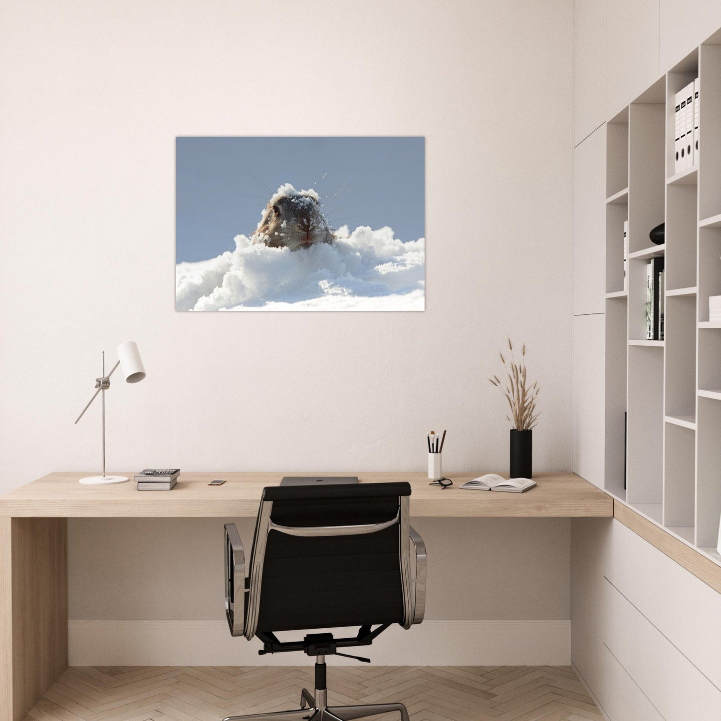 Tableau photo Photo d'une marmotte dans la neige — tirage aluminium Dibond mat, fabrication française, prêt à accrocher