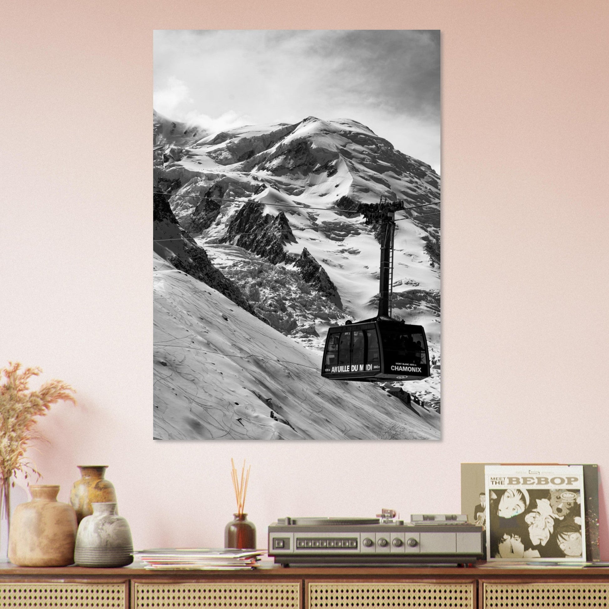 Vente Photo télécabine de l'Aiguille du Midi, Mont-Blanc, Chamonix - Noir & Blanc - Tableau photo alu montagne