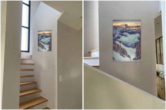 Simulation d’intégration : choisir la bonne taille et la bonne hauteur dans un escalier - Tableaux photos paysages ｜ Alu Art Mountains