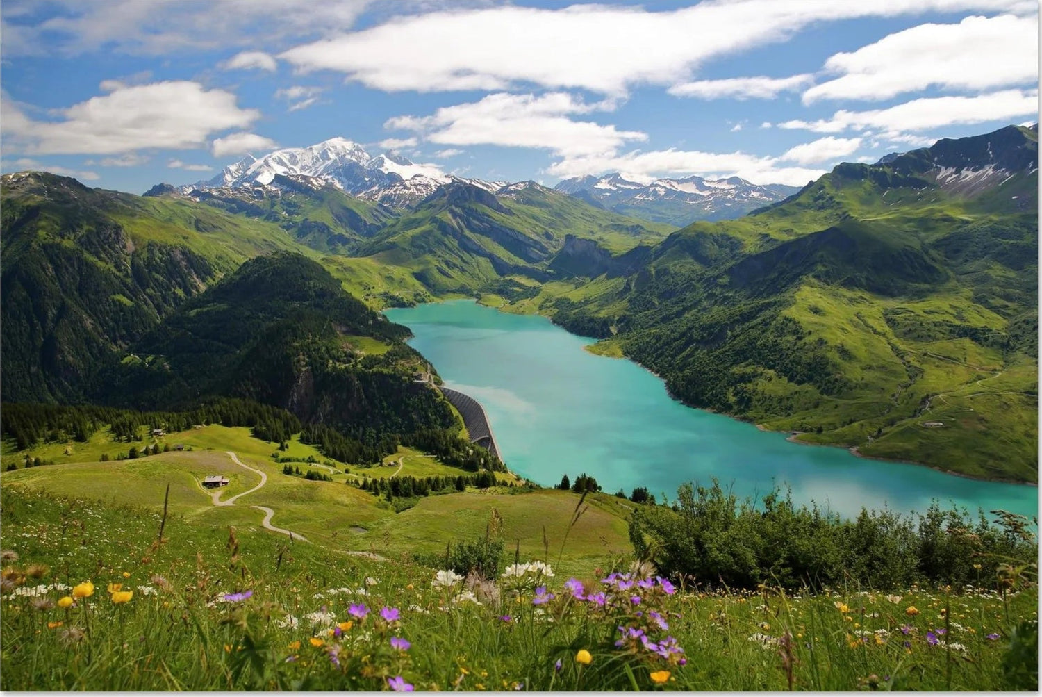 Photo du lac de Roselend et Mont-Blanc depuis Roche Parstire