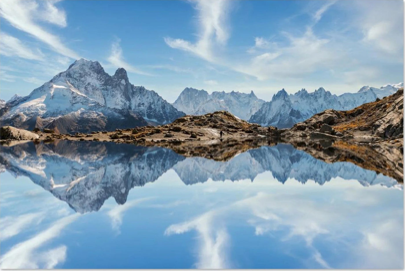 Photo reflet des aiguilles du Mont-Blanc dans le lac blanc