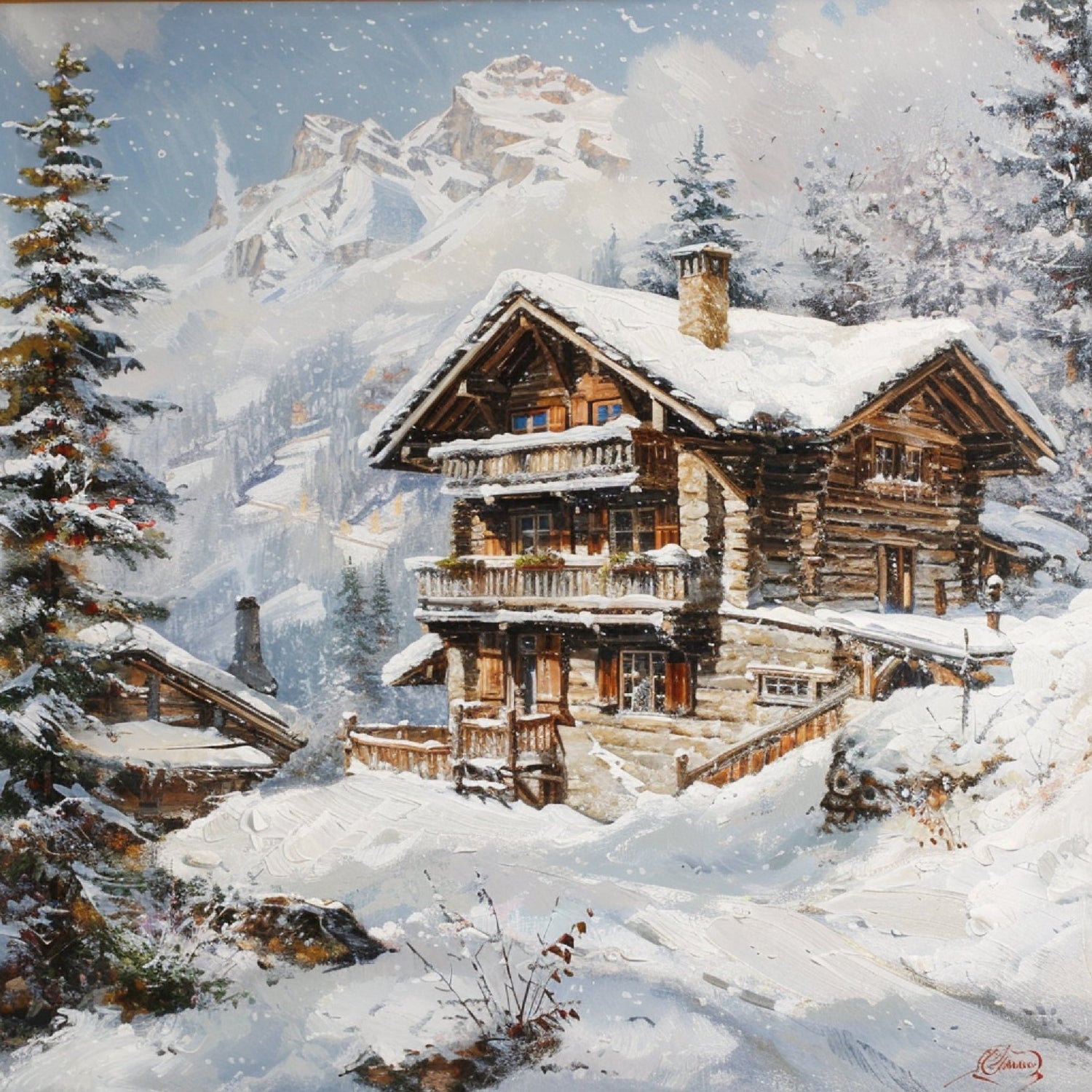 Tableau photo de paysage de montagne accroché dans un salon de chalet de luxe en bois dans les Alpes