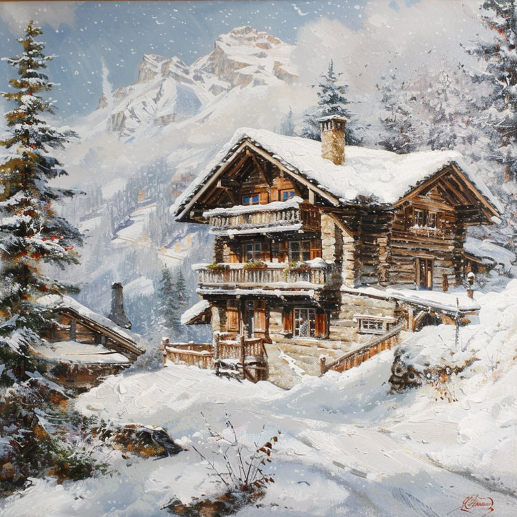 Tableau photo de paysage de montagne accroché dans un salon de chalet de luxe en bois dans les Alpes