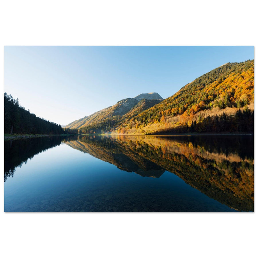 Tableau photo du lac de Montriond en Haute-Savoie sur aluminium Dibond mat, format 30 × 45 cm