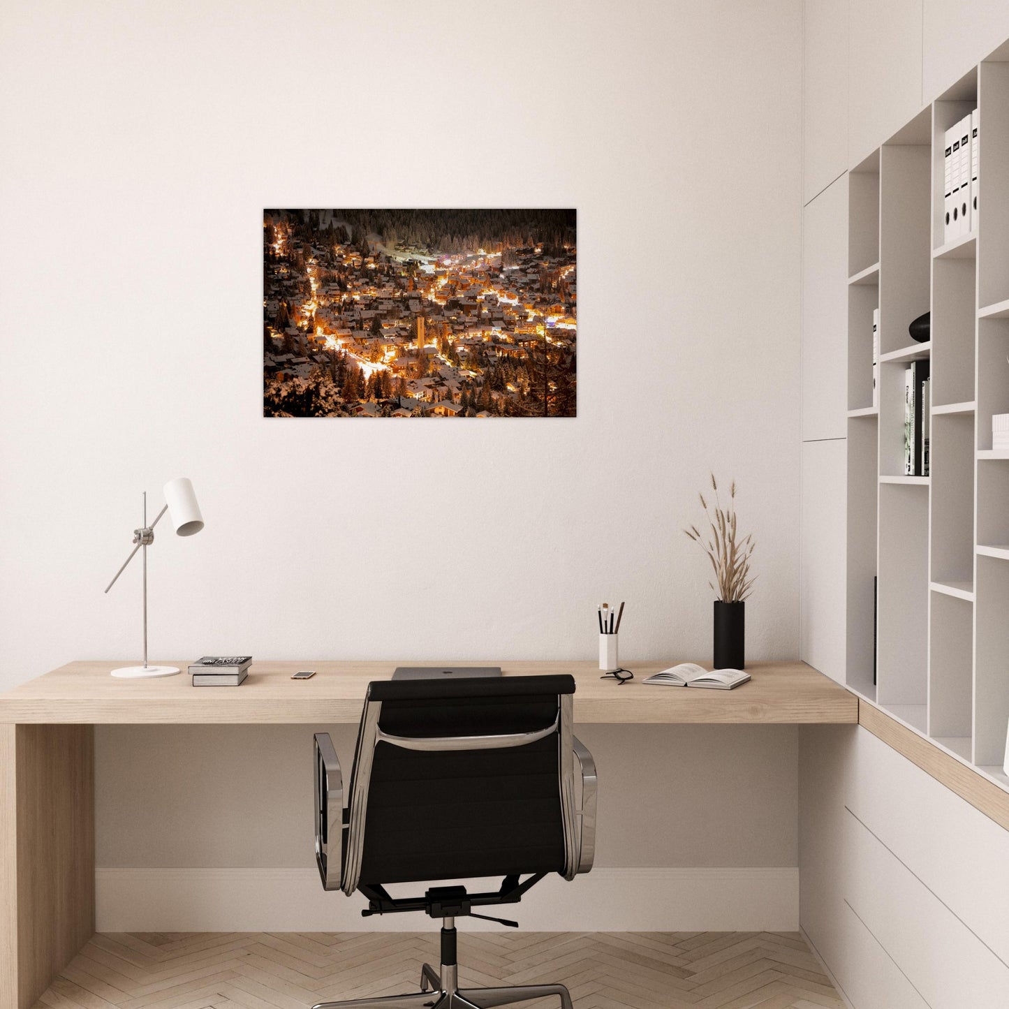 Tableau « Verbier sous la neige et illuminé à la tombée de la nuit dans le Valais » dans une cuisine moderne – simulation 50 × 70 cm