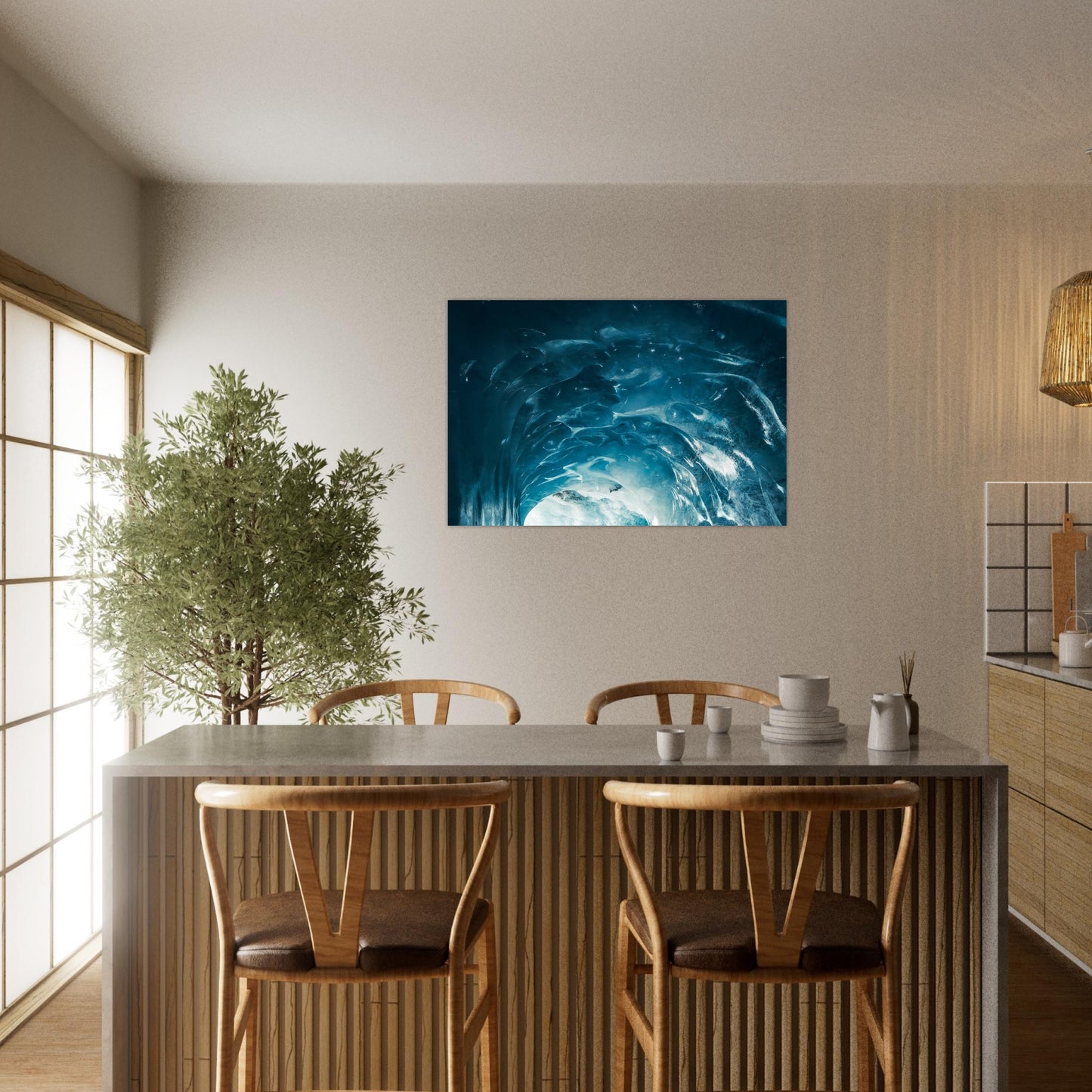 Tableau « grotte de glace bleue de la Mer de Glace au Montenvers à Chamonix » en situation intérieure – simulation 50 × 70 cm