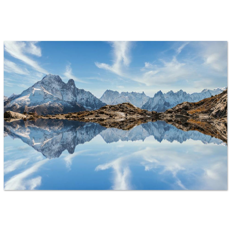 Tableau photo sur aluminium Dibond : Lac Blanc reflétant le massif du Mont-Blanc à Chamonix
