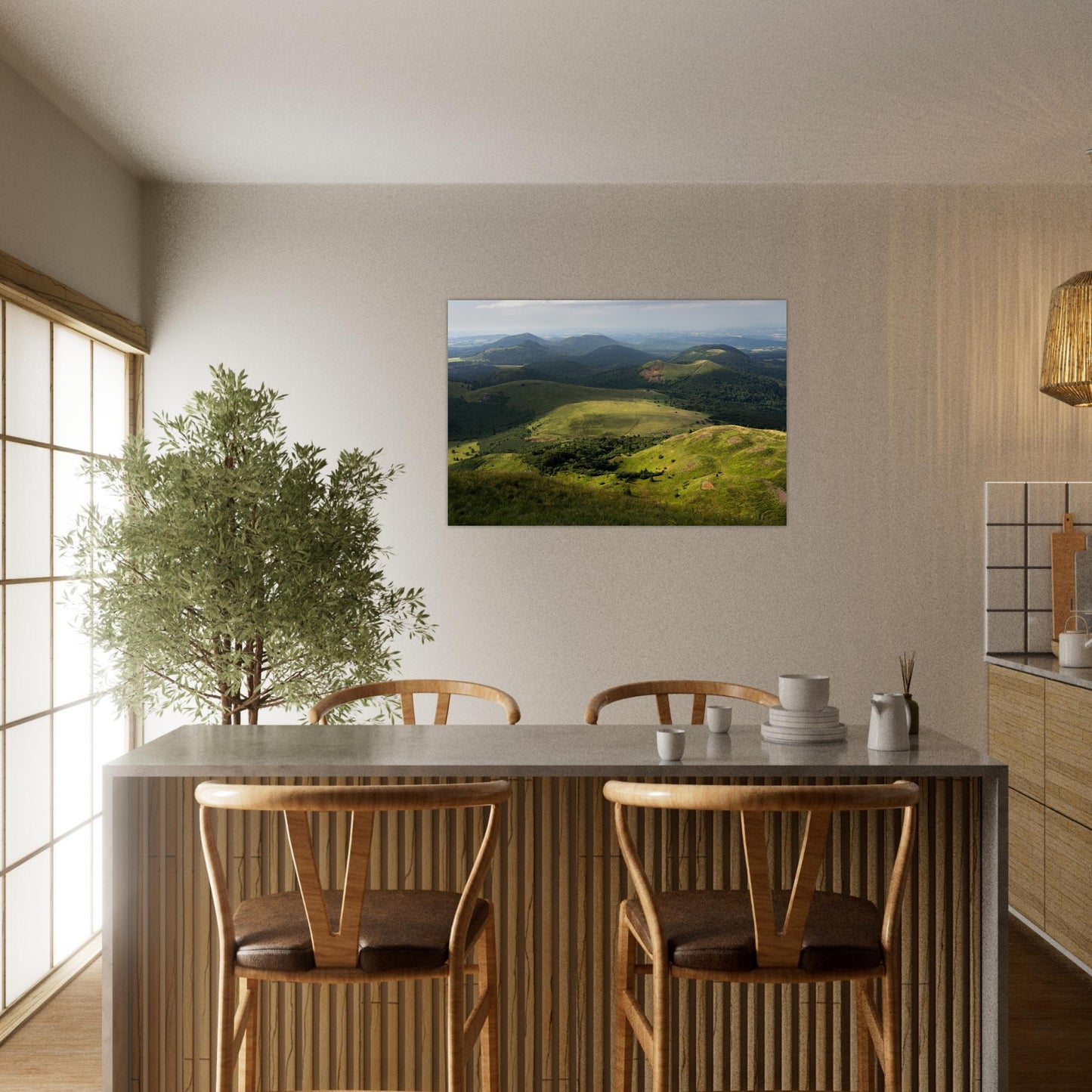 Tableau photo « le Puy de Côme et le Puy Pariou vus depuis le Puy de Dôme » dans un espace de vie – simulation 60 × 90 cm