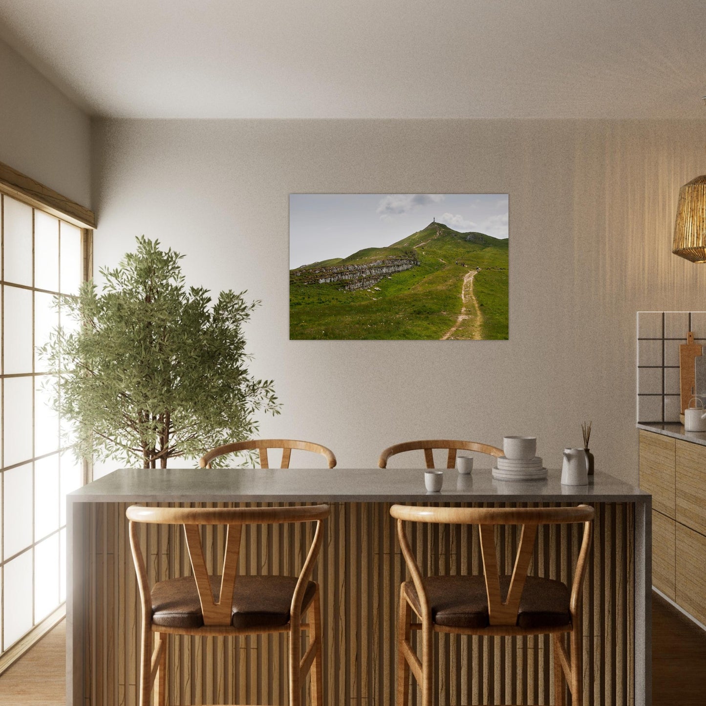 Tableau photo « les paysages du Crêt de la Neige au-dessus de Lélex dans le Jura » présenté sur un mur clair – simulation 60 × 90 cm