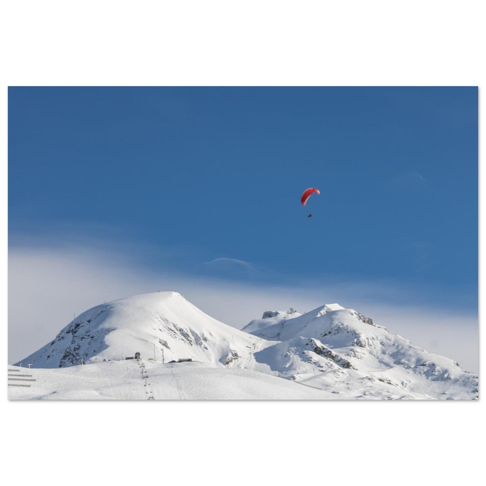 Tableau photo de speed riding aux Deux Alpes face aux Écrins, impression sur aluminium Dibond mat au format 30 × 45 cm