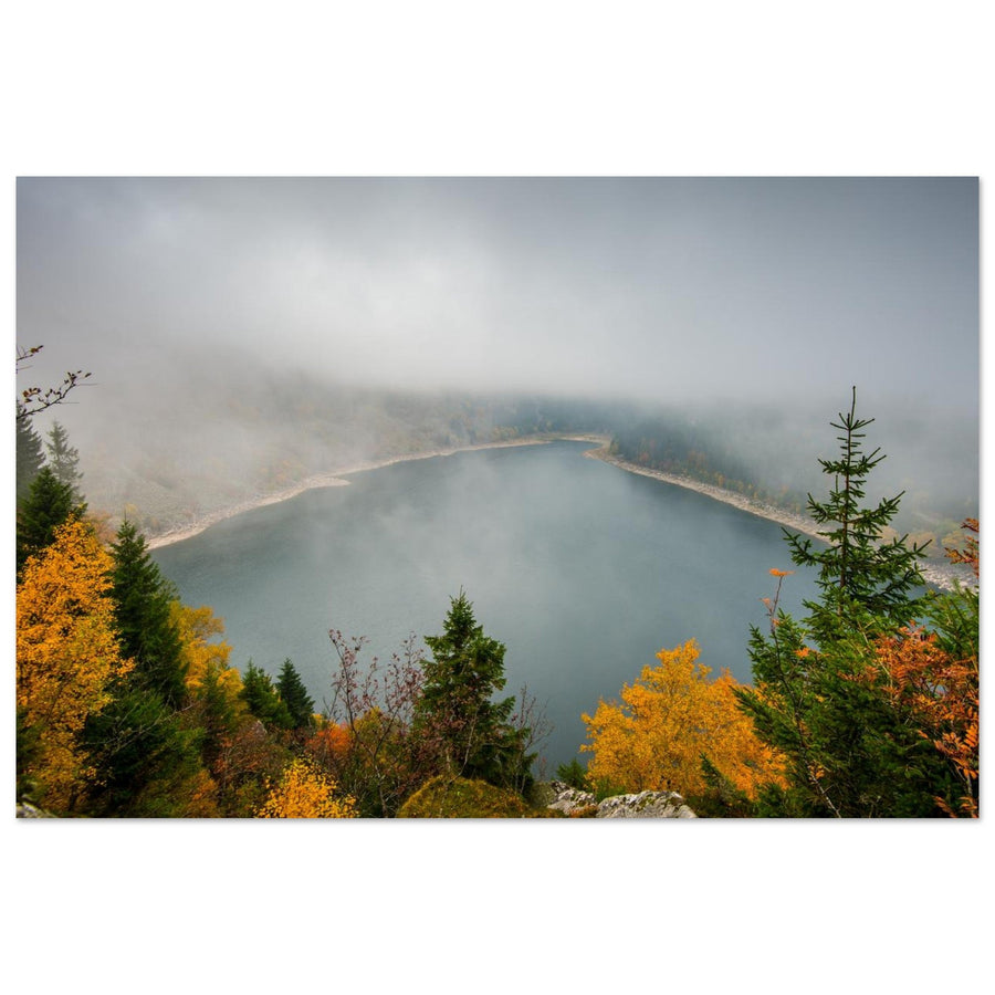 Tableau photo du Lac Blanc dans le brouillard en automne, impression sur aluminium Dibond mat au format 30 × 45 cm