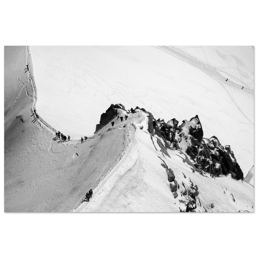 Tableau photo sur aluminium Dibond : alpinistes sur la Vallée Blanche depuis l’Aiguille du Midi en noir et blanc