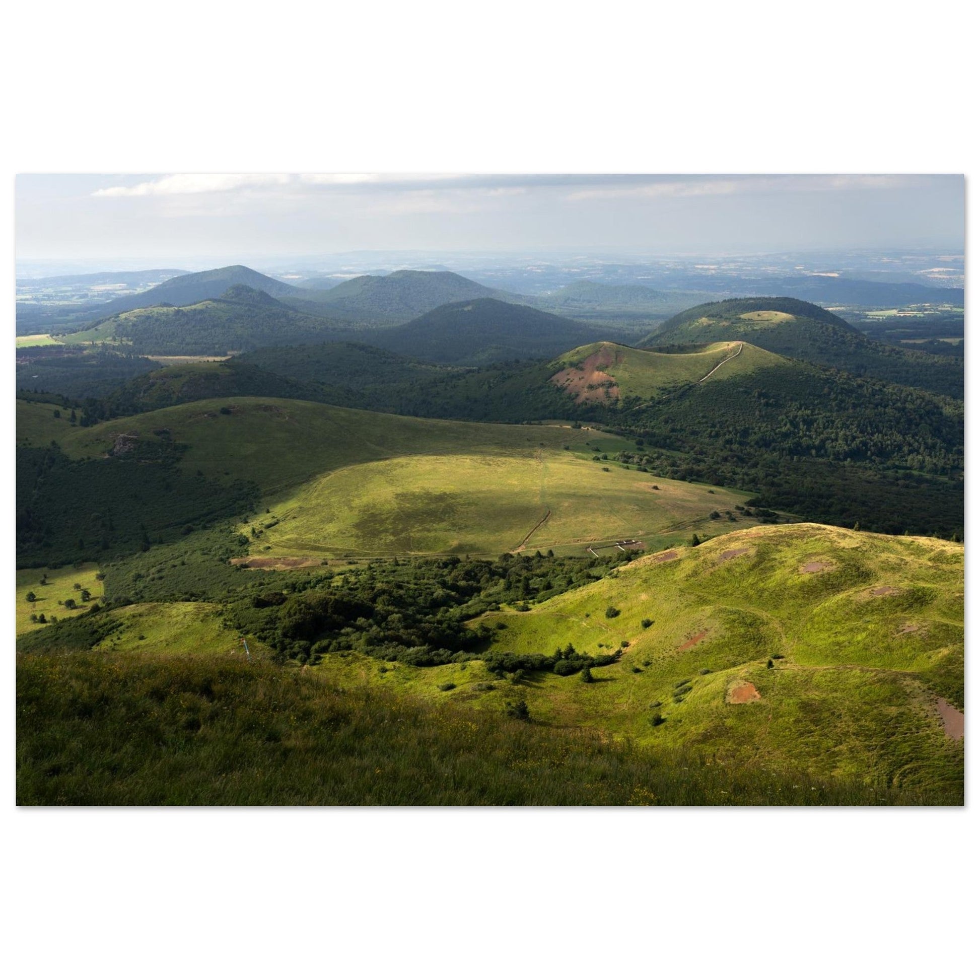 Tableau photo du Puy de Côme et du Puy Pariou depuis le Puy de Dôme, impression sur aluminium Dibond mat au format 30 × 45 cm