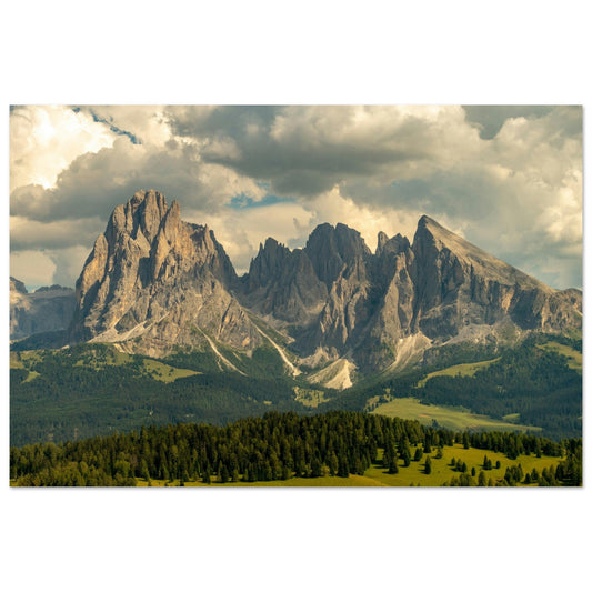 Tableau photo Photo du Sassolungo — Dolomites (Italie) — tirage aluminium Dibond mat, fabrication française, prêt à accrocher