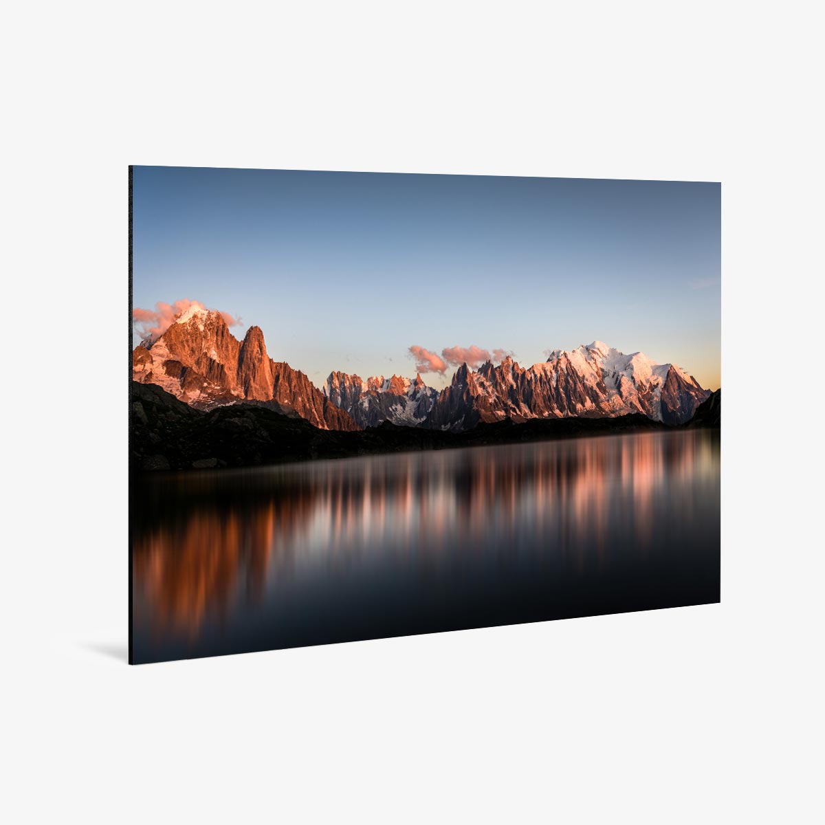 Tableau photo Alu Dibond représentant un paysage alpin et le Mont-Blanc