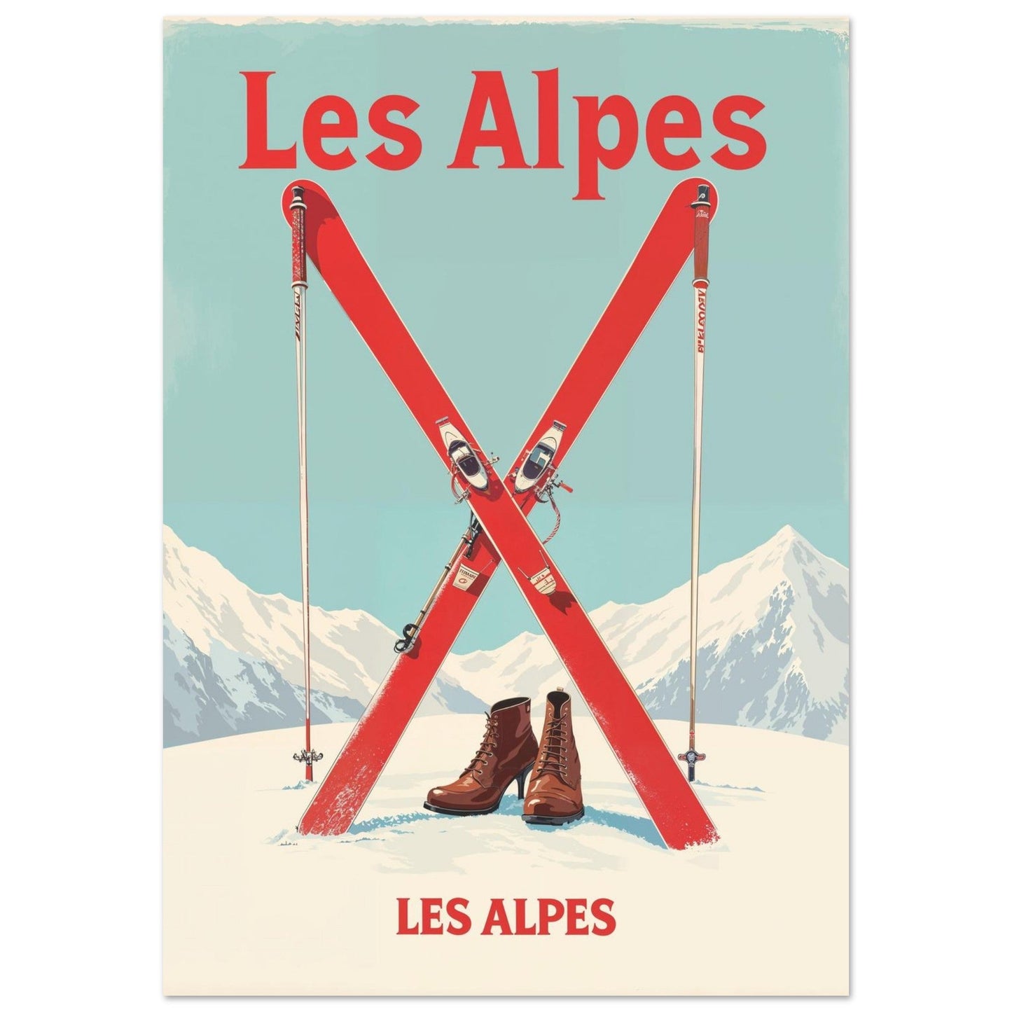 Tableau photo Affiche Vintage "Les Alpes" – Skis Rouges et Montagnes — tirage aluminium Dibond mat, fabrication française, prêt à accrocher