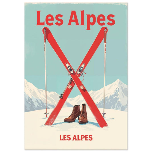 Tableau photo Affiche Vintage "Les Alpes" – Skis Rouges et Montagnes — tirage aluminium Dibond mat, fabrication française, prêt à accrocher