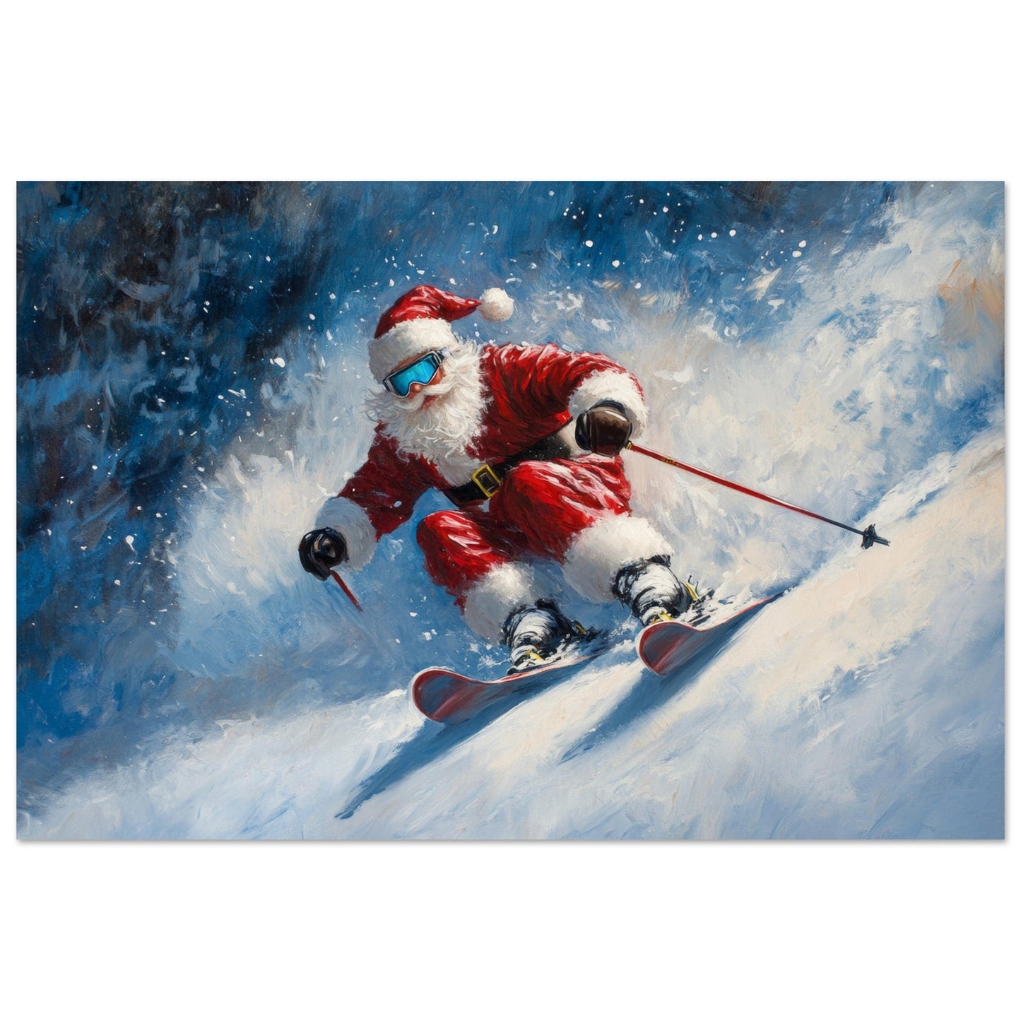 Tableau photo Père Noël en ski — image IA (style peinture) — tirage aluminium Dibond mat, fabrication française, prêt à accrocher