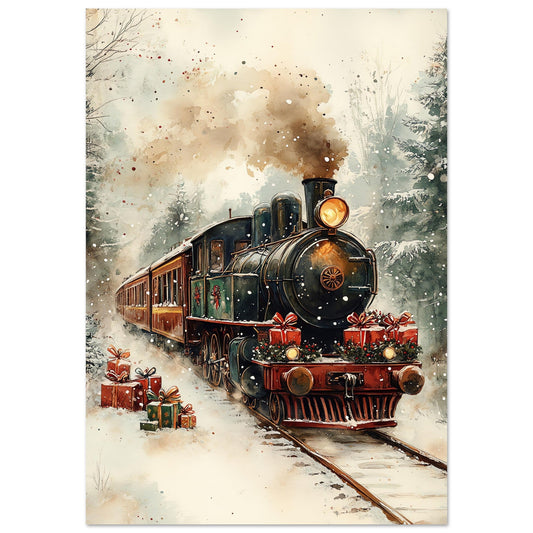 Tableau photo Train de Noël à vapeur dans la neige — image IA — tirage aluminium Dibond mat, fabrication française, prêt à accrocher
