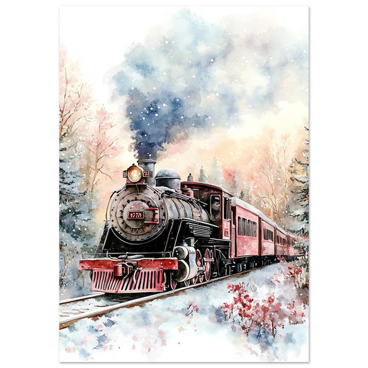 Tableau photo Train rouge à vapeur dans la neige — image IA (aquarelle) — tirage aluminium Dibond mat, fabrication française, prêt à accrocher